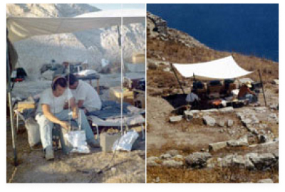 Pictures of men at campsite on cliffside.